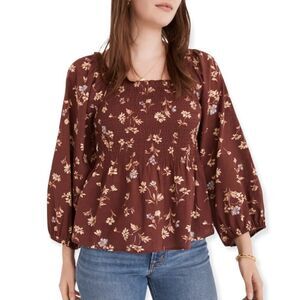 Madewell NWT Dark Merlot Floral Lucie Smocked Square-Neck Peplum Blouse Size 2